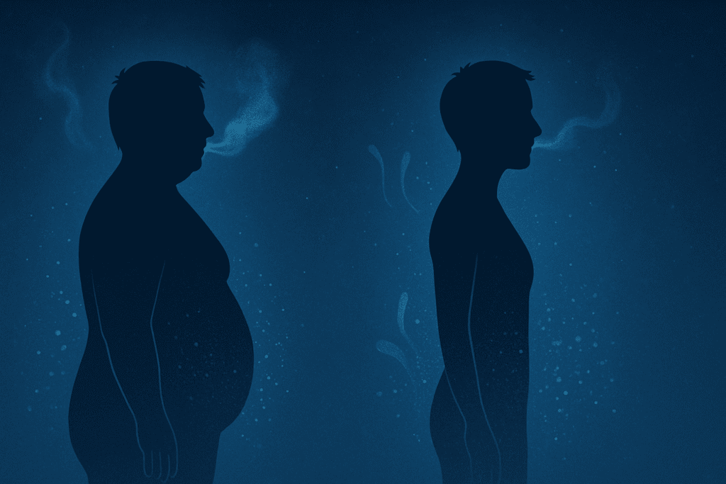 Side-by-side silhouettes of a person before and after sleep, with visual elements like vapor and fading particles symbolizing how people lose weight while sleeping