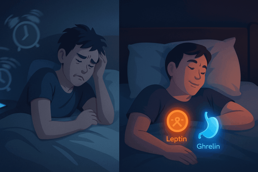 Split illustration showing how poor and restful sleep impact hormones linked to metabolism, supporting the idea that you can lose weight while sleeping