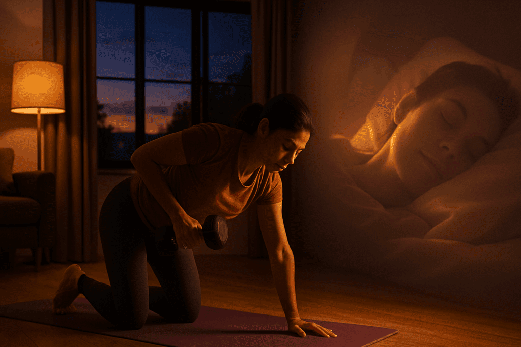 Woman doing evening resistance training on a yoga mat in warm lighting, symbolizing how to lose weight while sleeping through post-exercise calorie burn.