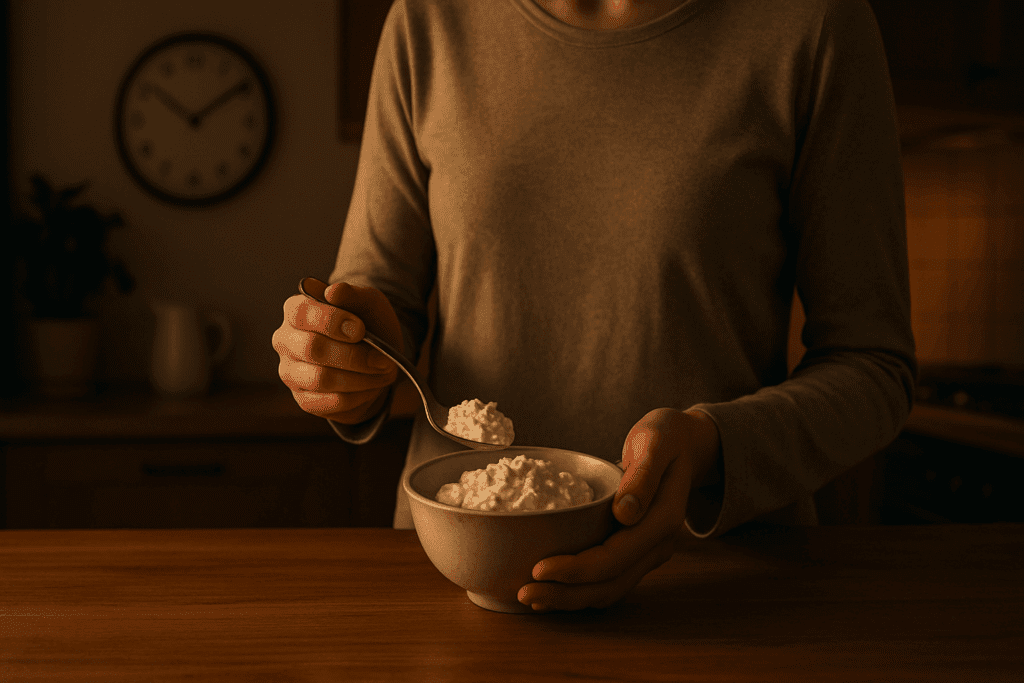 Person preparing a small bowl of cottage cheese in a warm, dimly lit kitchen as part of a nighttime routine to lose weight while sleeping