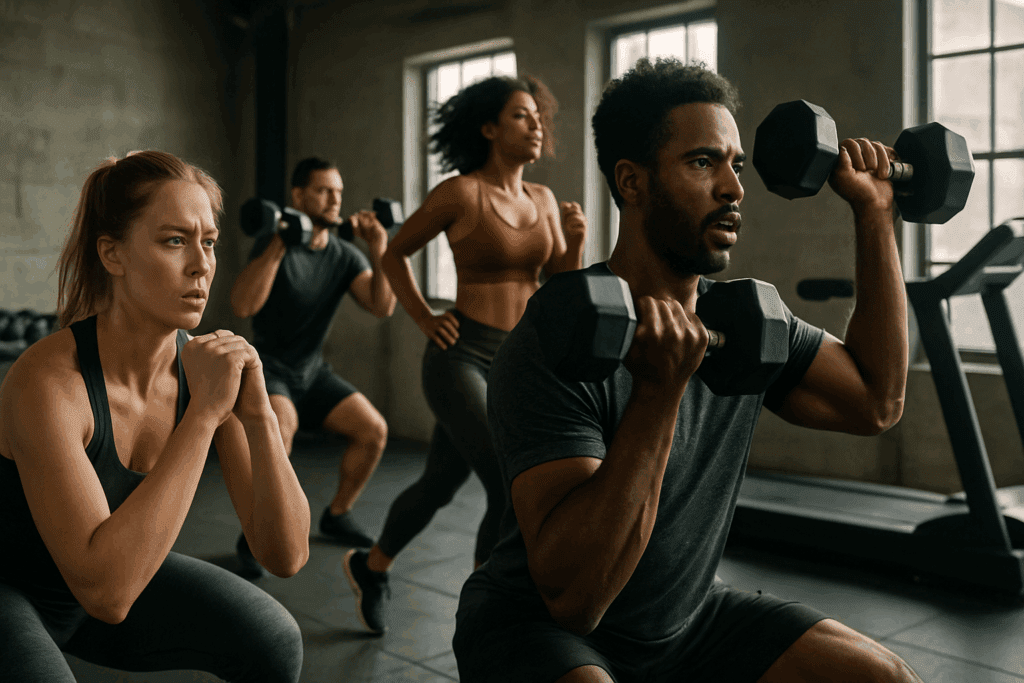 Diverse group of people doing squats, dumbbell presses, and treadmill cardio in a gym to illustrate How Much Weight Can You Lose in 3 Weeks