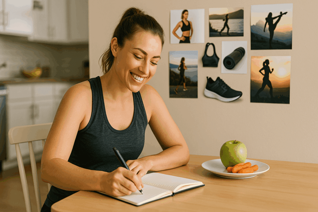 Woman journaling at a kitchen table in workout clothes with a healthy snack and vision board, symbolizing mindset for how much weight can you lose in 3 weeks.