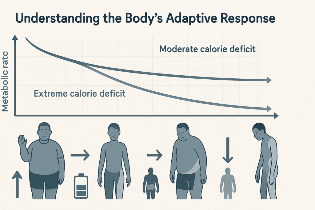 Infographic illustrating metabolic rate changes and body composition shifts under moderate vs extreme calorie deficits, related to how much weight can you lose in 3 weeks