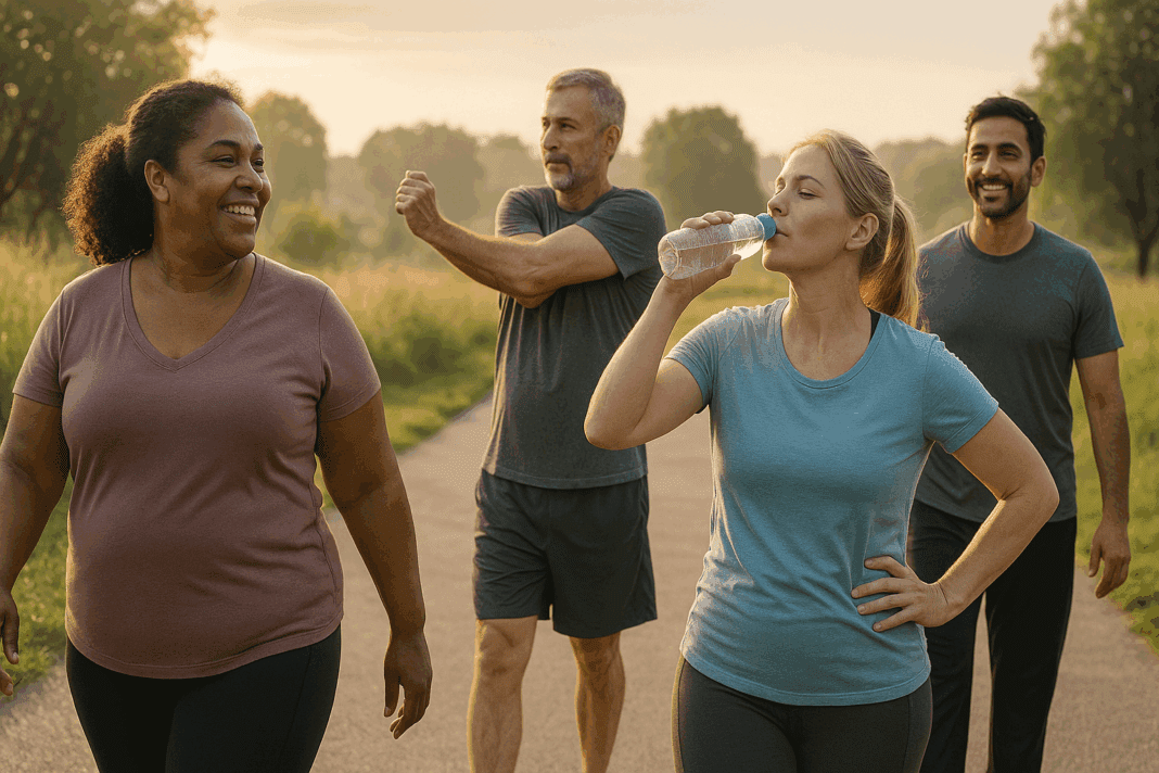 Diverse group of adults walking, stretching, and drinking water outdoors at sunrise, starting a healthy routine to lose weight in 10 days