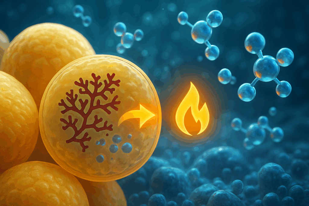 Conceptual cellular illustration showing glycogen breakdown, water release, and energy conversion—key metabolic processes to lose weight in 10 days.