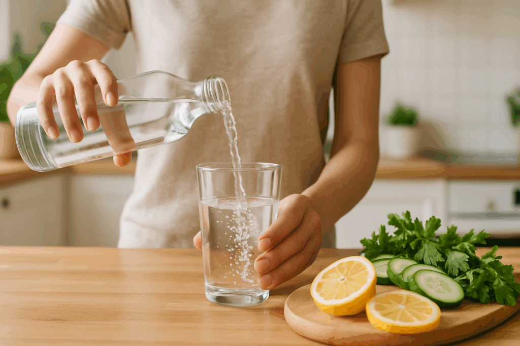 Person pouring water into a glass with lemons, cucumbers, and herbs on the counter, promoting hydration to lose weight in 10 days.