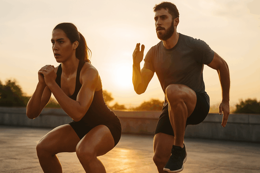Man and woman doing sunrise HIIT workout with squats and high knees, showing intense cardio to lose weight in 10 days