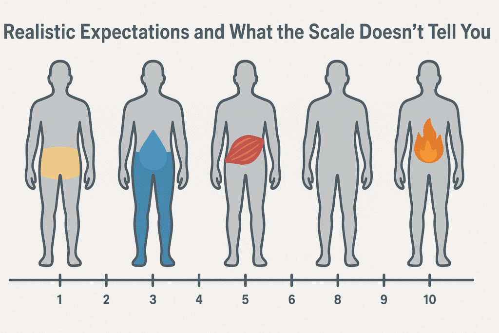 Infographic showing body changes from fat, water, muscle, and inflammation that affect scale readings when trying to lose weight in 10 days