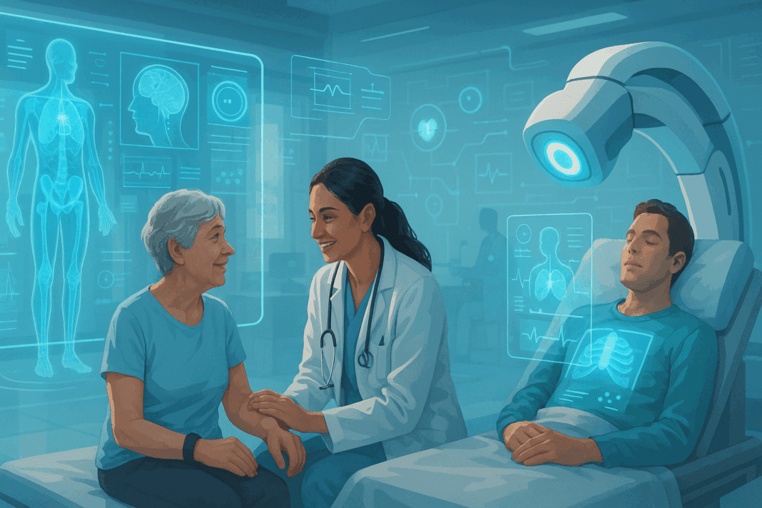 Futuristic hospital scene with doctors, patients, and AI-powered diagnostics showing how AI is changing individuals through personalized healthcare.