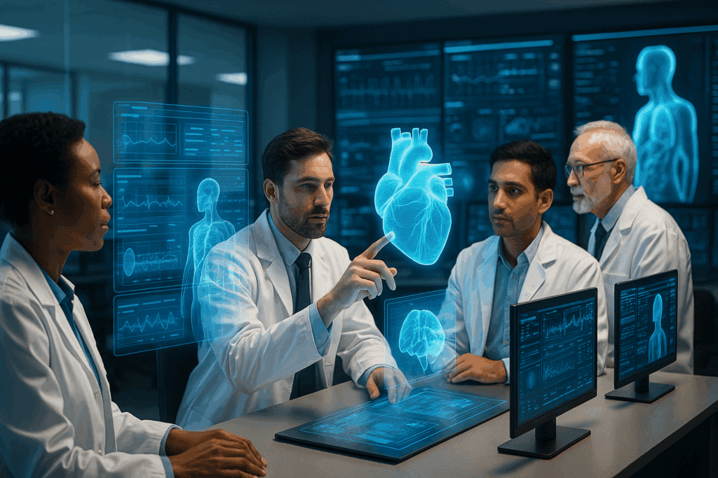 Doctors analyzing 3D organ holograms and EHR data in a smart hospital, showing AI changing individuals through futuristic diagnostics.