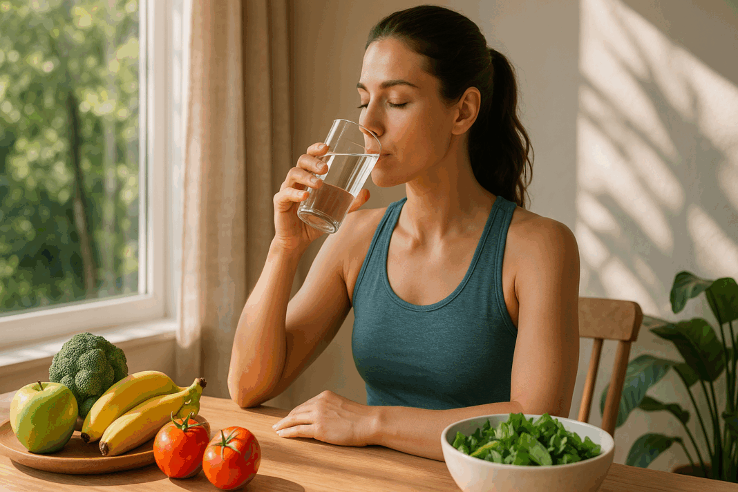 Healthy woman drinking water by a sunny window with fruits and vegetables on the table, illustrating How Much Water Should I Drink to Lose Weight.