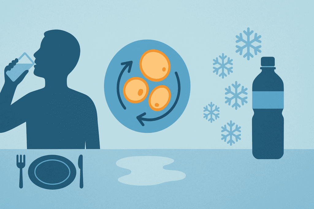 Conceptual graphic illustrating how much water should I drink to lose weight, showing a person drinking water before a meal, fat cell breakdown, and cold water thermogenesis.