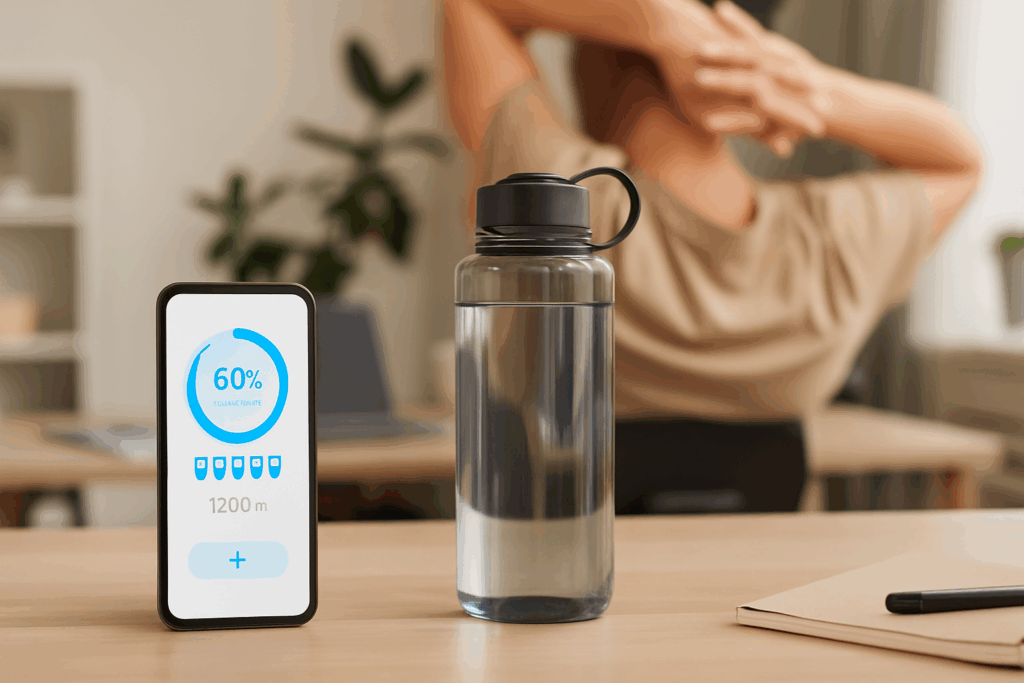 Smartphone displaying hydration app next to water bottle on desk, illustrating daily tracking for “How Much Water Should I Drink to Lose Weight” habits.