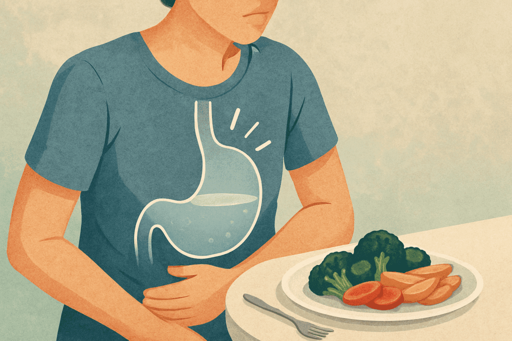 Person feeling full after drinking water with a transparent stomach illustration, supporting the concept of How Much Water Should I Drink to Lose Weight