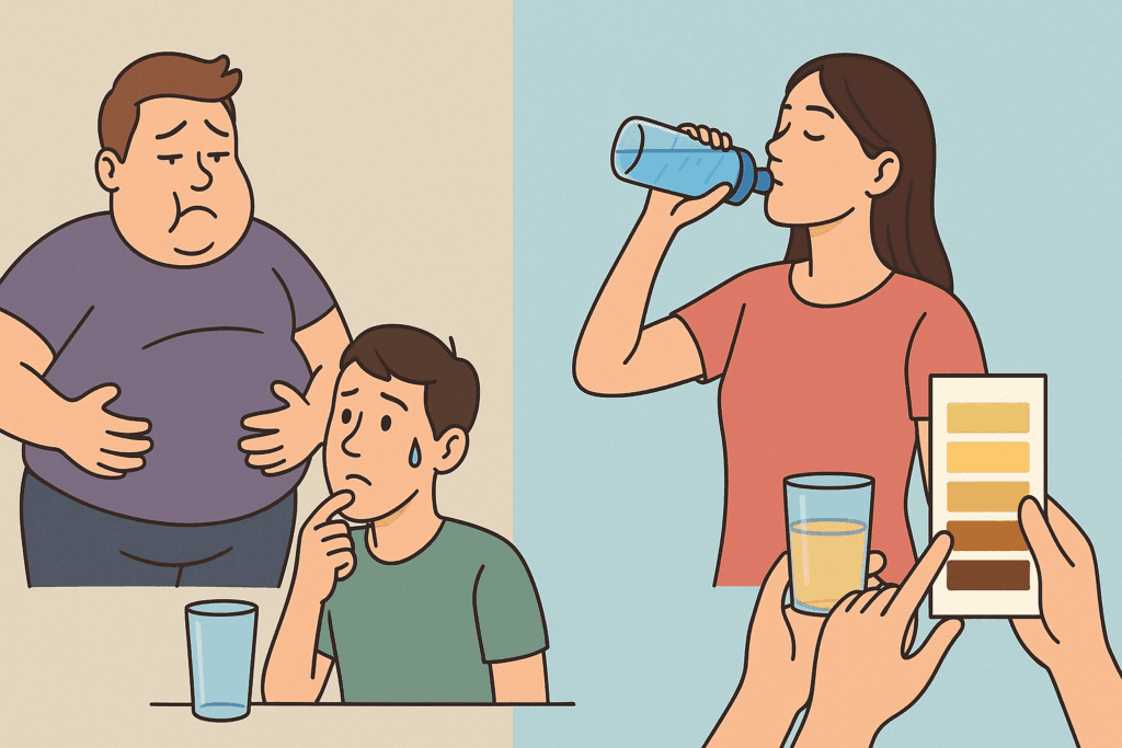 Split illustration showing myths vs facts about hydration for weight loss, supporting the topic How Much Water Should I Drink to Lose Weight.