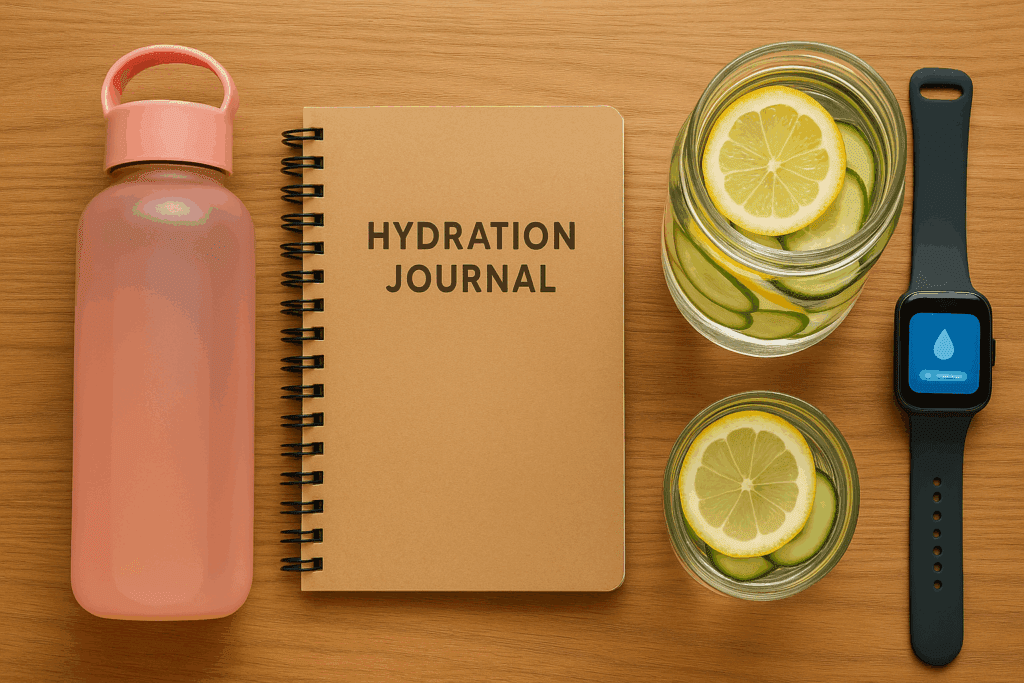 Flat lay of hydration tools including a reusable water bottle, lemon-cucumber infused water, smartwatch, and journal—visualizing daily habits for “How Much Water Should I Drink to Lose Weight” goals.
