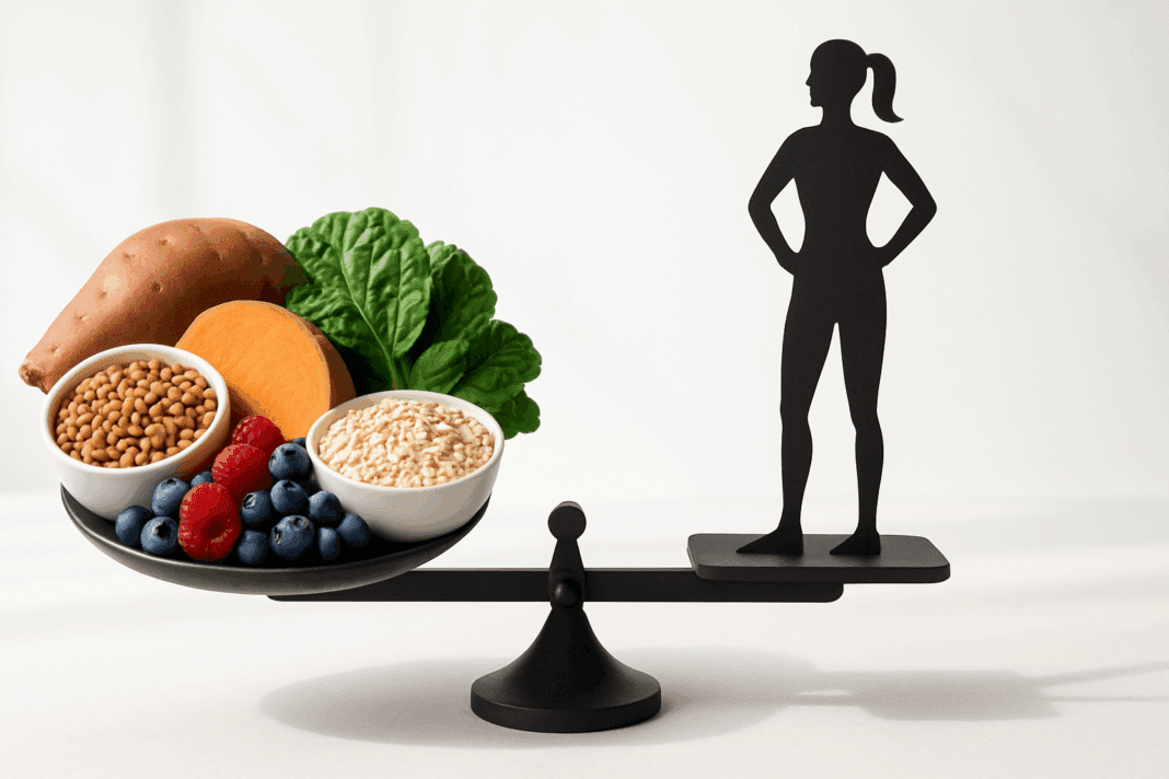 Balanced scale showing healthy carbs like sweet potatoes, quinoa, berries, and greens vs fit silhouette, illustrating How Many Carbs Per Day to Lose Weight.