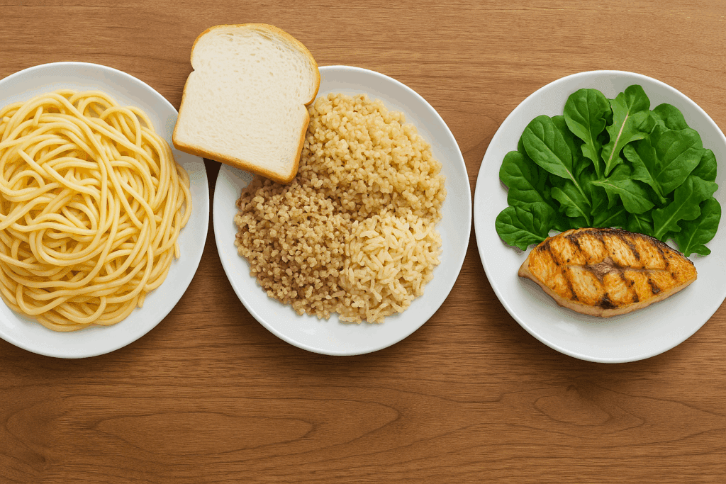Three portioned meals showing how many carbs per day to lose weight, with high-carb pasta, moderate-carb quinoa, and low-carb grilled fish.
