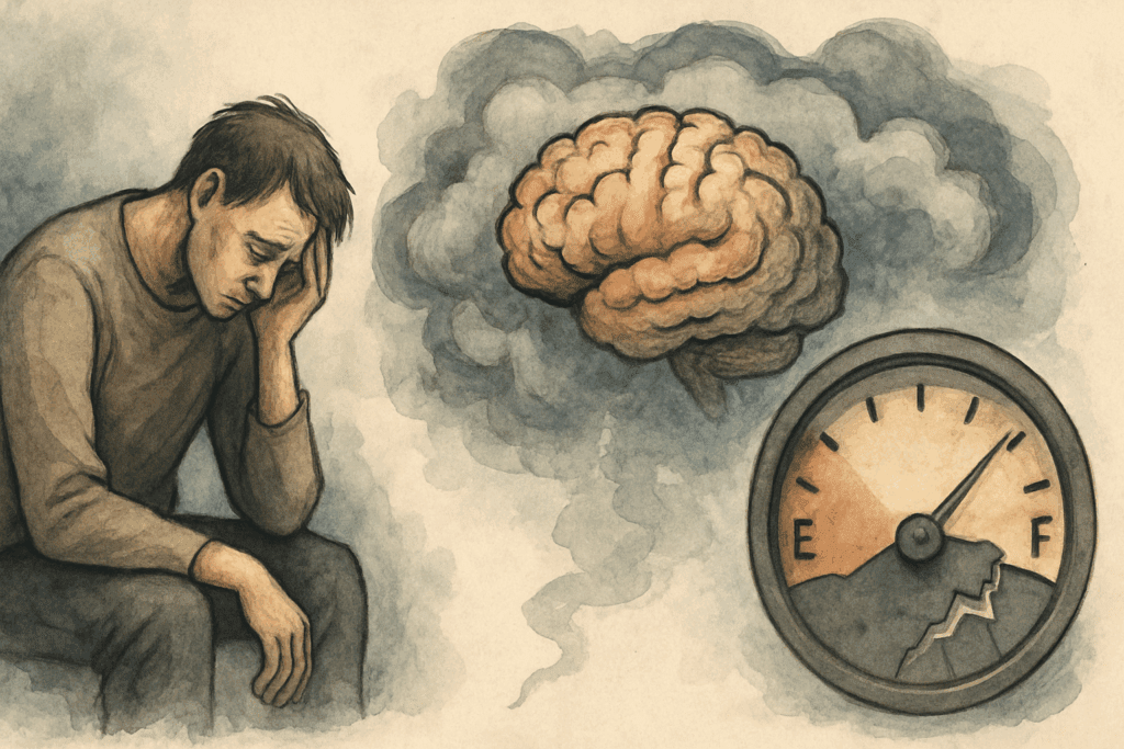 Artistic illustration symbolizing fatigue, brain fog, and low energy from carb deficiency, related to how many carbs per day to lose weight.