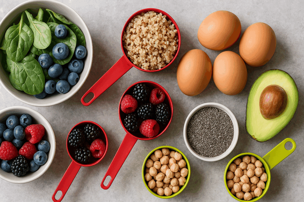 Colorful flat lay of leafy greens, berries, quinoa, eggs, avocado, chia seeds, and legumes arranged with measuring cups—illustrating sustainable food choices for How Many Carbs Per Day to Lose Weight.