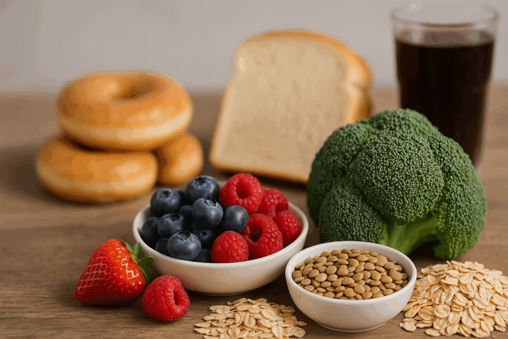 Vibrant display of healthy carbs like berries, broccoli, lentils, and oats contrasted against blurred junk food, illustrating How Many Carbs Per Day to Lose Weight.