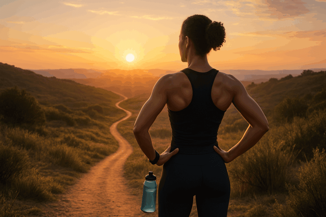 Confident woman overlooking a sunrise trail, symbolizing a fitness journey inspired by the goal: How Many Pounds Can I Lose in a Month