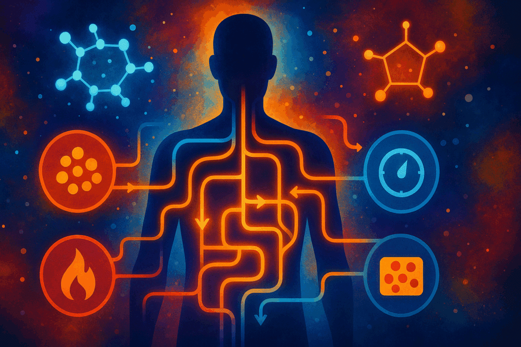 Abstract illustration showing human metabolism with glowing hormone molecules and energy pathways, symbolizing biological factors in how many pounds can I lose in a month