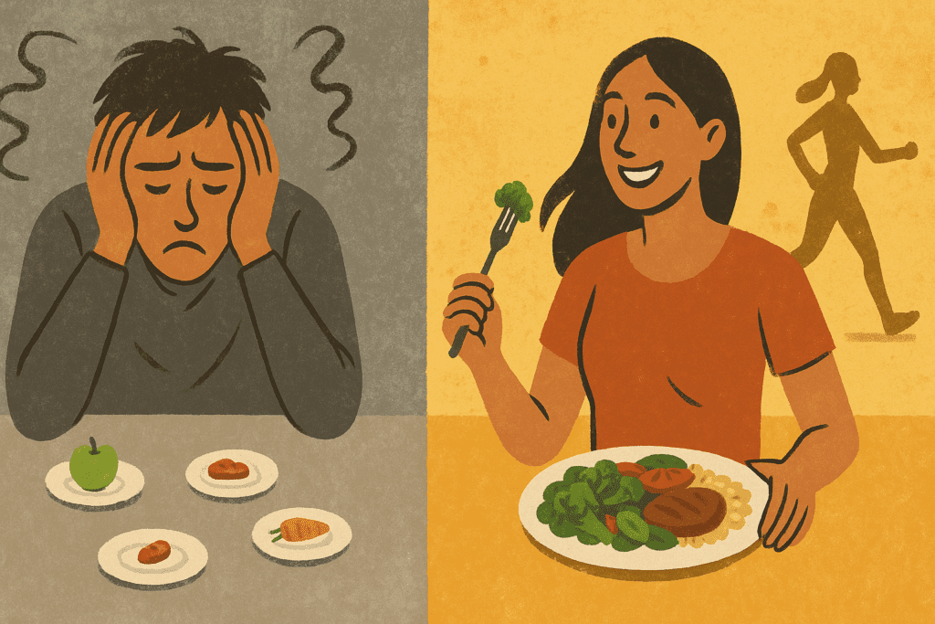 Conceptual comparison of crash dieting versus sustainable nutrition, illustrating how many pounds can I lose in a month through balanced eating and light exercise
