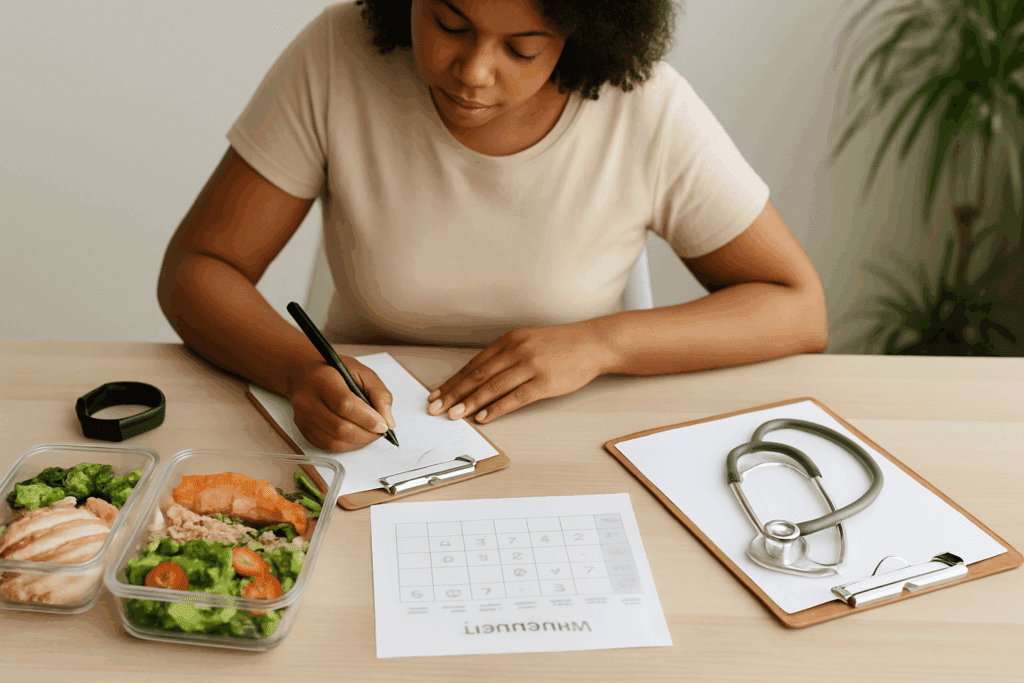Diverse woman planning her one-month fitness routine with meal prep containers, a workout schedule, and a doctor's clipboard, illustrating How Many Pounds Can I Lose in a Month goals.
