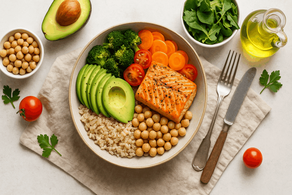 Balanced meal of salmon, avocado, brown rice, chickpeas, and vegetables illustrating healthy eating for “How Many Pounds Can I Lose in a Month” goals.