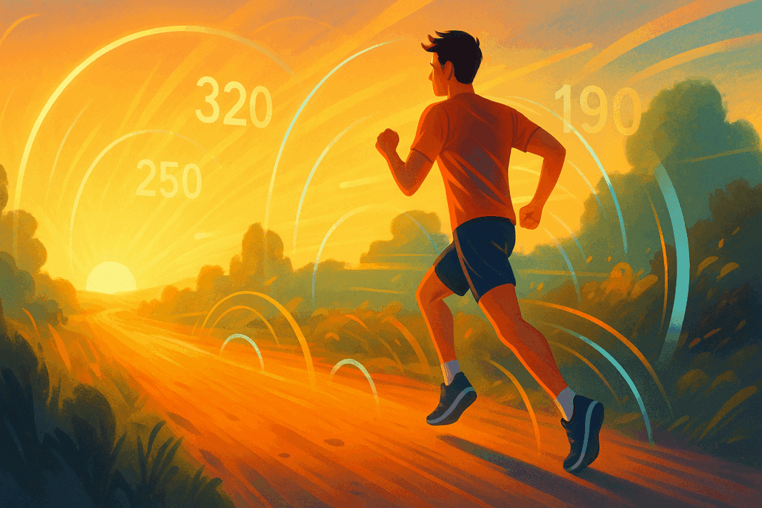 Jogger running at sunrise on a glowing path with digital motion effects and calorie data visuals, symbolizing calories to burn to lose weight.
