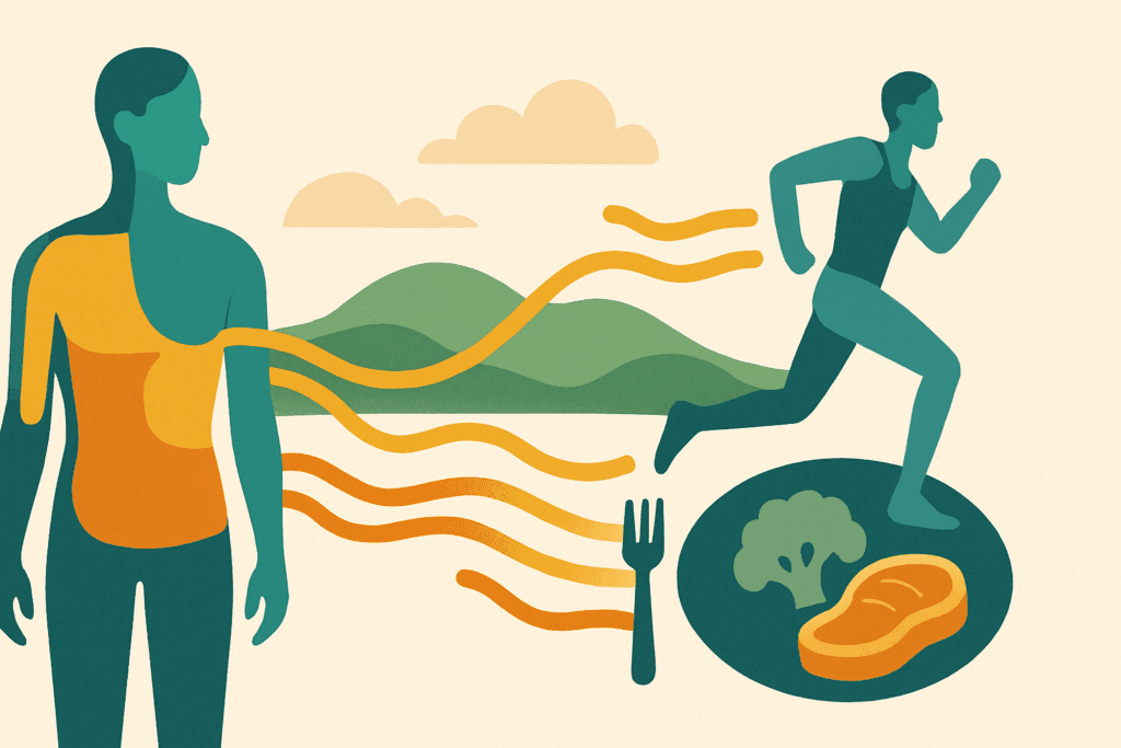 Diagram showing human figure with segmented body zones and energy lines illustrating calories to burn to lose weight through metabolism, exercise, and food digestion.