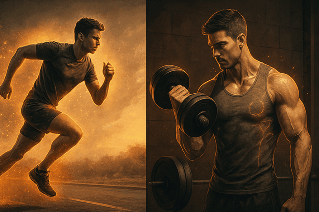 Split-screen of sprinting and weightlifting workouts showing calories to burn to lose weight through cardio and strength training