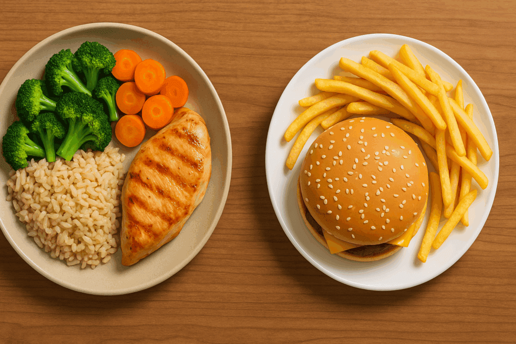 Balanced meal with grilled chicken, brown rice, and vegetables next to a fast food plate, illustrating equal calories to burn to lose weight.