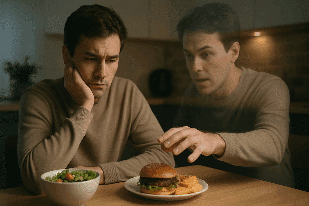 Man contemplating calories to burn to lose weight while a ghostly double reaches for unhealthy food at a kitchen table.