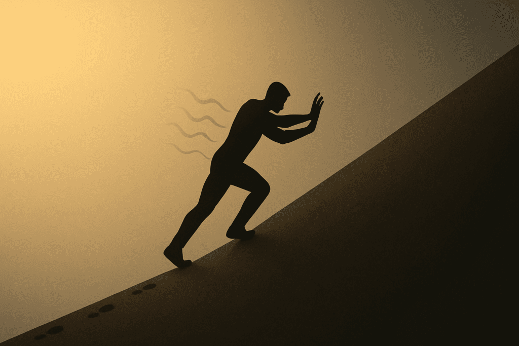 Person climbing uphill against invisible force, symbolizing the body's resistance to burning calories to burn to lose weight as progress slows.