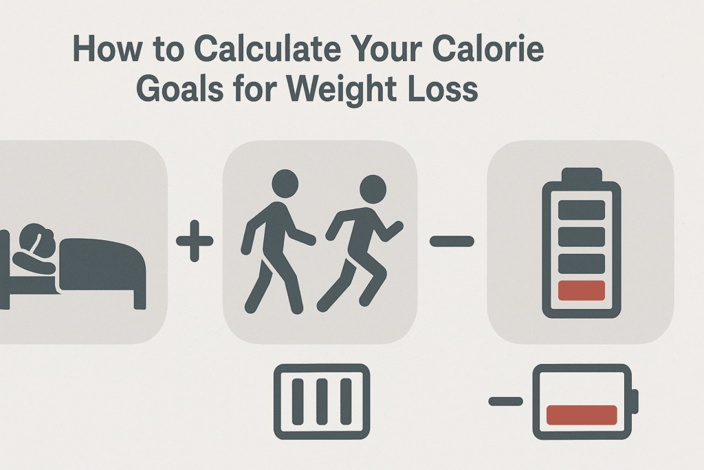 Visual diagram showing how to calculate calories to burn to lose weight using icons for resting metabolism, physical activity, and calorie deficit