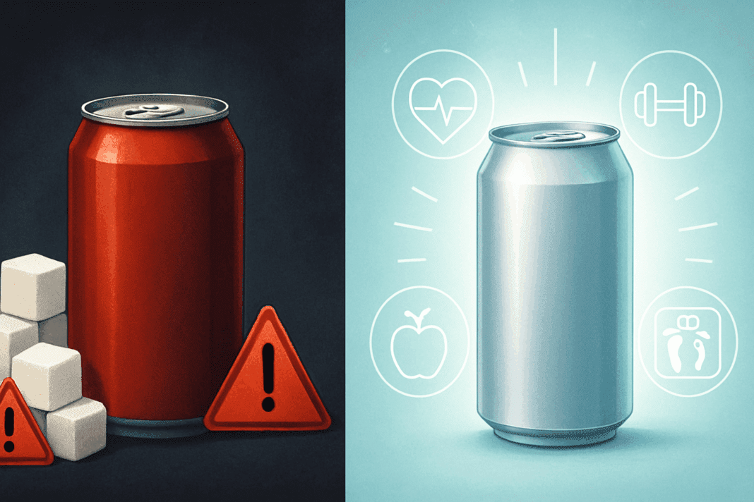 Visual comparison of diet soft drinks surrounded by health icons and regular soda with sugar cubes and warning signs