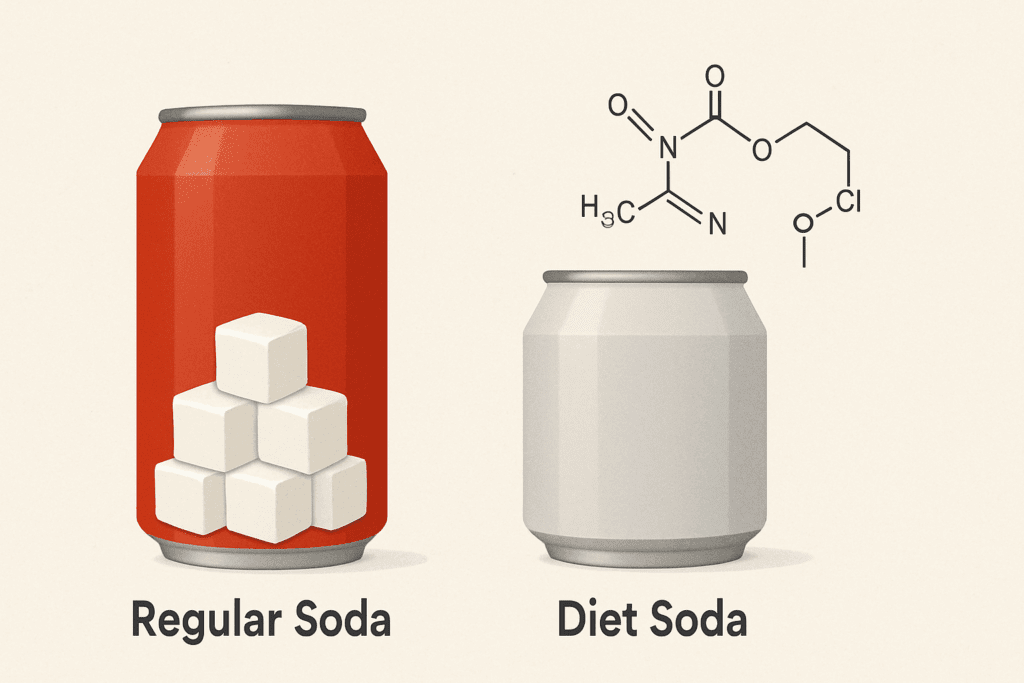 Side-by-side visual comparison of regular soda with sugar cubes and diet soft drinks with artificial sweetener molecules on a clean background