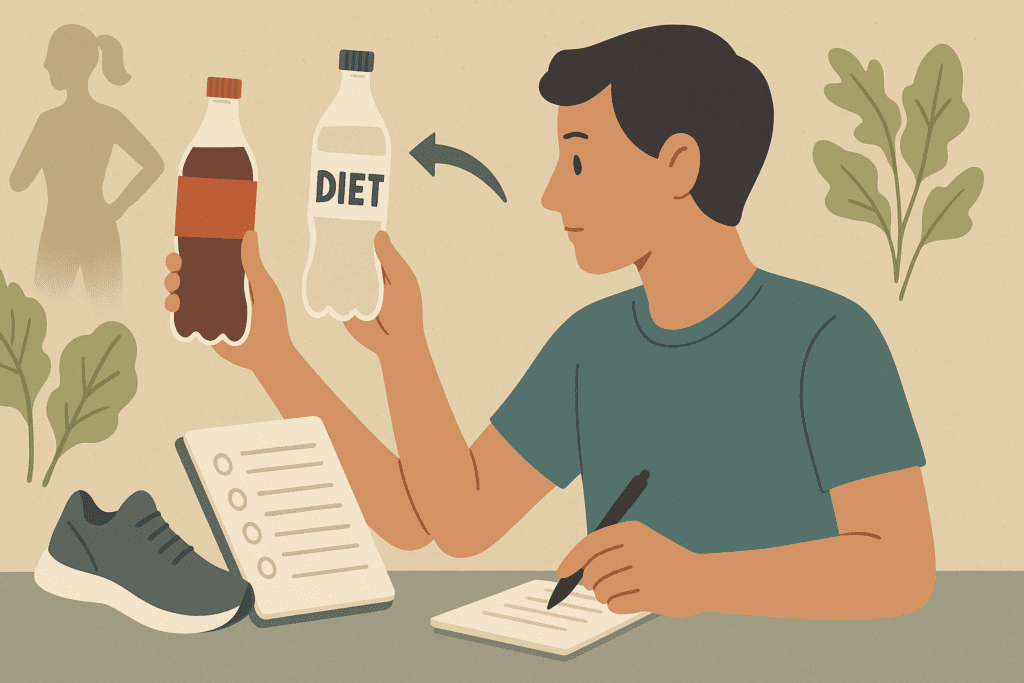 Person tracking calories in a food journal while swapping a regular soda for diet soft drinks, with health symbols like leafy greens and a running shoe in the background.
