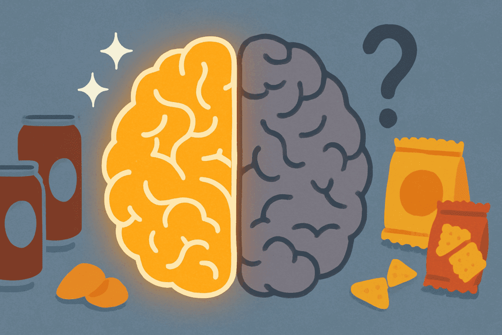 Conceptual illustration of a brain split in half, with one side glowing to represent sweetness signals and the other dimmed to show disrupted hunger cues, surrounded by diet soft drinks and snack foods in the background.