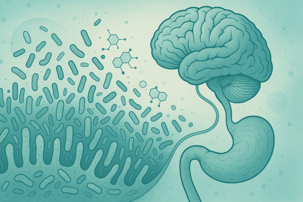 Scientific illustration of the gut-brain axis showing gut flora interacting with molecules, representing how diet soft drinks may impact metabolic health.