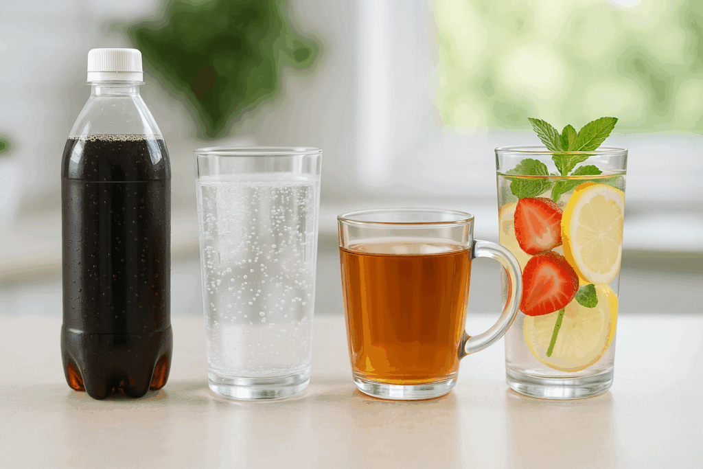 Lineup of diet soft drinks, sparkling water, herbal tea, and fruit-infused water on a sunlit kitchen counter.