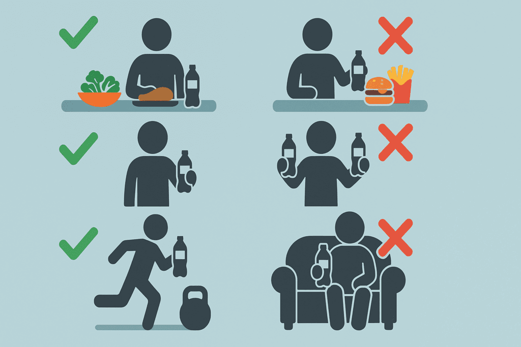 Infographic showing do’s and don’ts of using diet soft drinks for weight loss, with icons of healthy meals, workouts, and sedentary habits