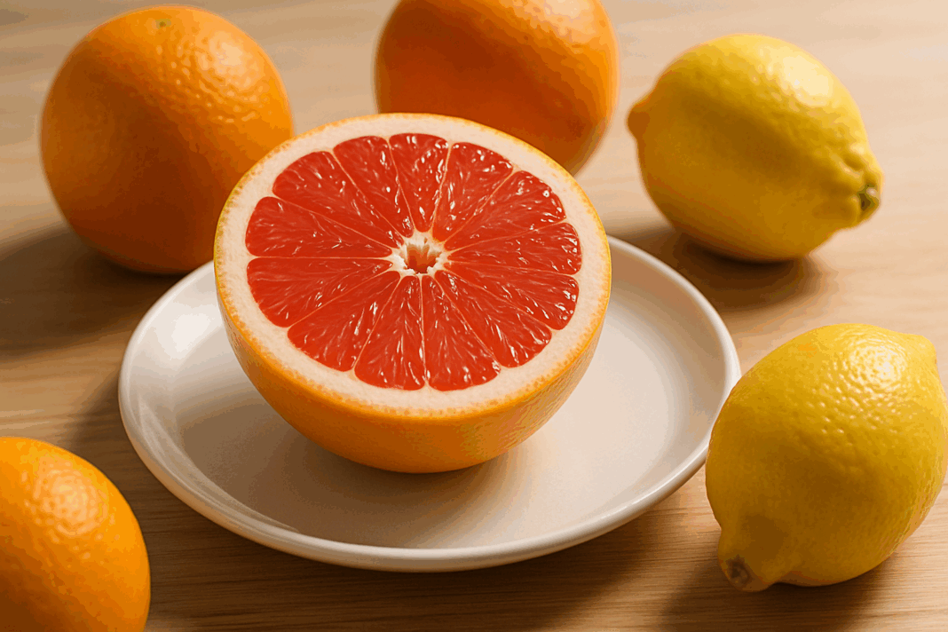 Halved grapefruit with glistening pulp on a white plate surrounded by oranges and lemons, symbolizing freshness and answering the question: Is Grapefruit Good for Weight Loss.