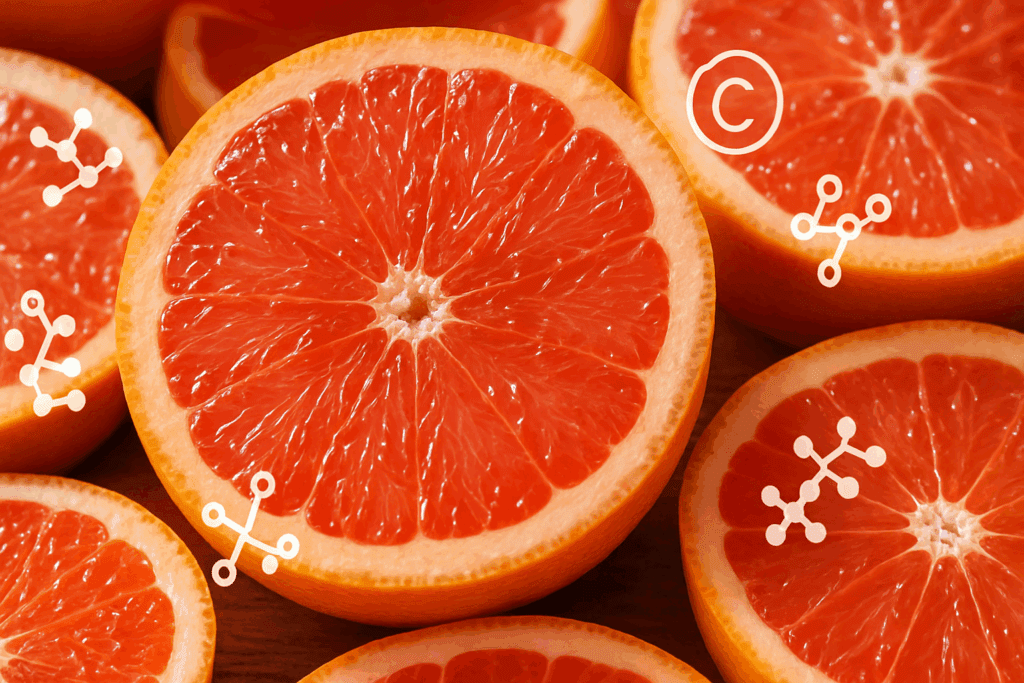 Freshly sliced grapefruit with vibrant red flesh and water droplets, highlighting its fiber-rich texture—answering the question: is grapefruit good for weight loss.