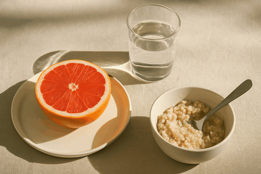 Top-down view of a breakfast with half a grapefruit, oatmeal, and water, illustrating mindful eating for the topic Is Grapefruit Good for Weight Loss.