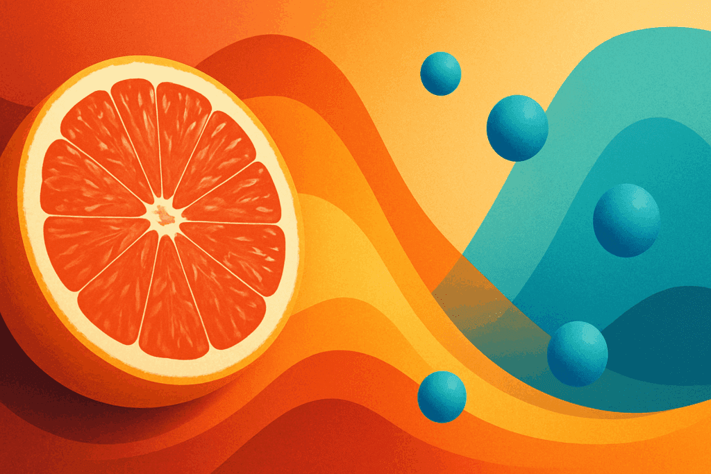 Sliced grapefruit with abstract blood sugar curve and insulin spheres, illustrating Is Grapefruit Good for Weight Loss topic.