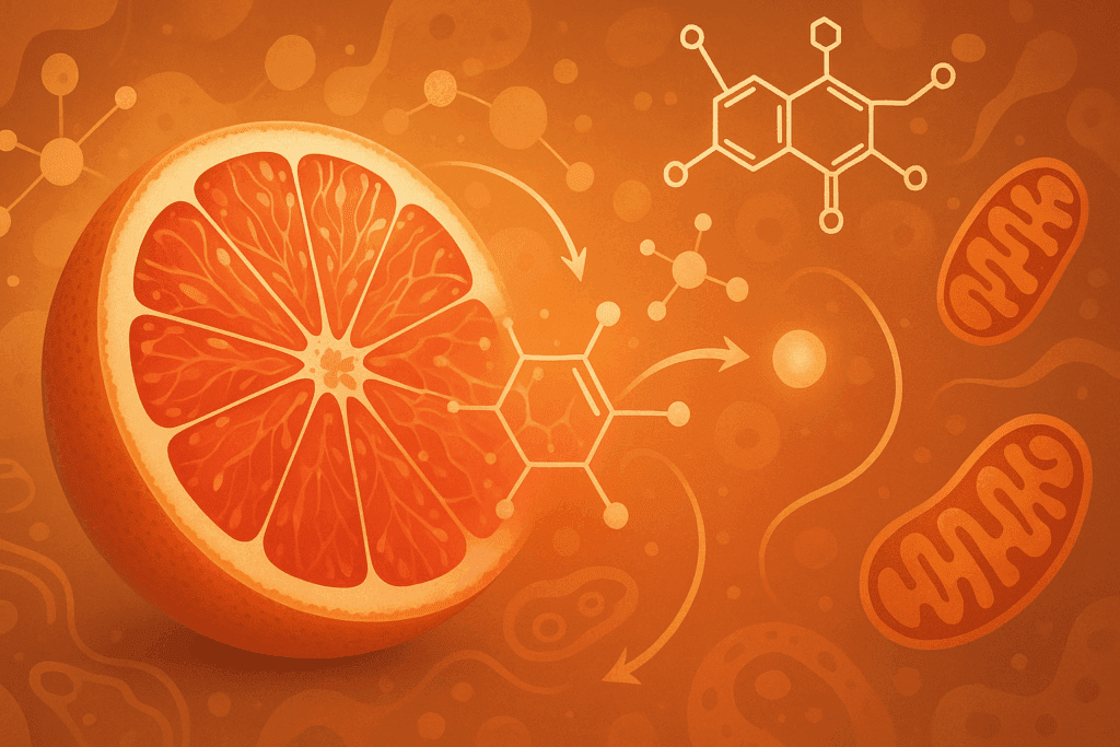 Halved grapefruit with molecular structures and mitochondria symbolizing fat metabolism, illustrating concepts from 'Is Grapefruit Good for Weight Loss