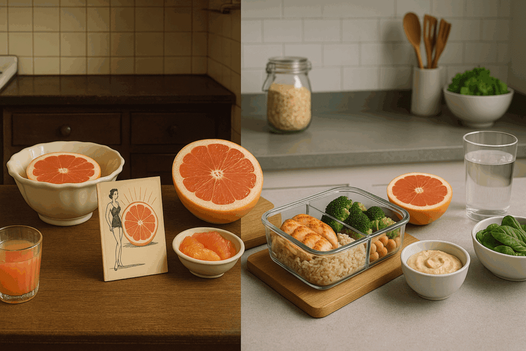 Split-screen of 1930s and modern kitchens showing grapefruit diet evolution, illustrating concept: Is Grapefruit Good for Weight Loss
